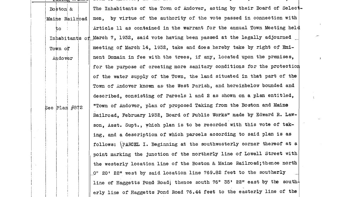 Eminent Domain Taking of B&M Railroad Parcel Next to Haggetts Pond in 1932