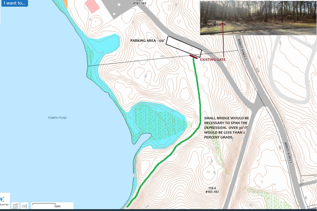 Pomps Pond topographical map showing minimal altitude gain and low grade